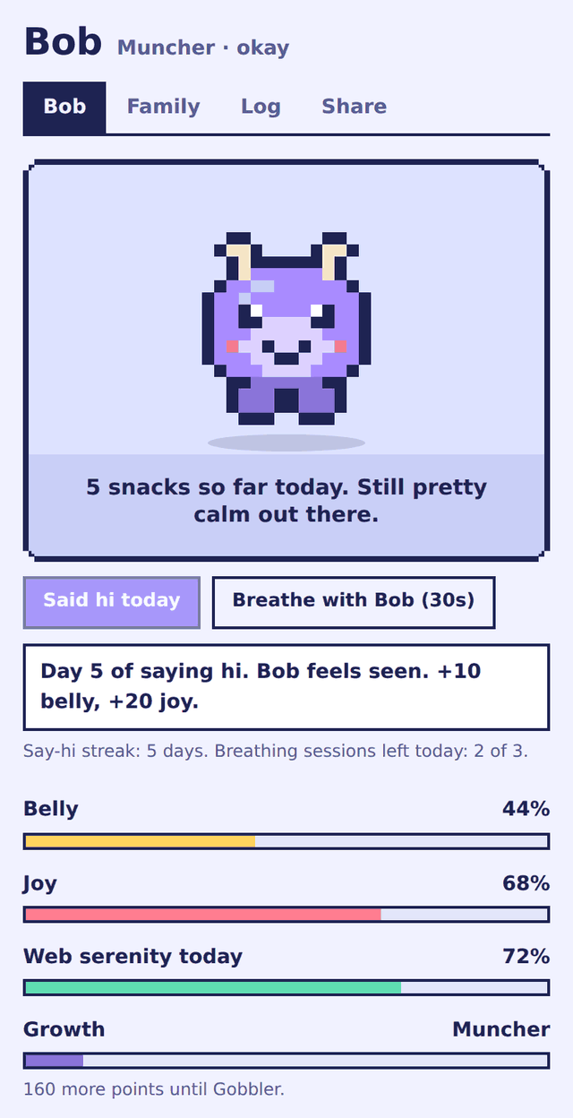 Bob's care screen with Belly, Joy and serenity meters and a Say hi button
