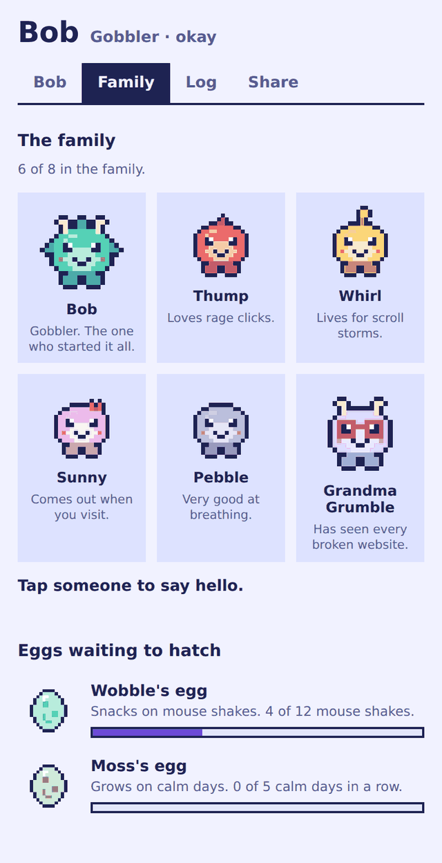 The Family tab showing Bob, his siblings, and eggs waiting to hatch